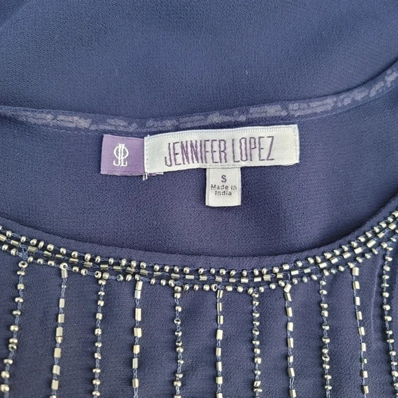 Jennifer Lopez Flowing Elegant Evening Beaded Fully Lined Tank Top Blouse Blue S - Picture 2 of 8